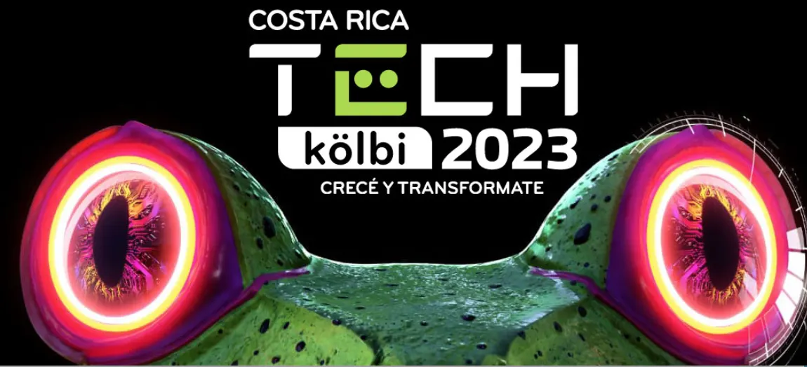 Costa Rica Tech kölbi 2023 — imagen del evento y la rana cíborg